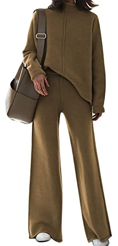 VamJump Women's 2 Piece Outfits Lounge Sets Long Sleeve High Neck Sweater Pullover Top Wide Leg Pants Sweatsuit Sets, Brown, M