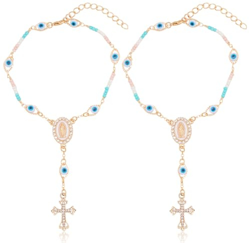 WEBEEDY 2 Stück Auto-Rosenkranz Böser Blick Rückspiegel Hängende Verzierung Anhänger Kreuz Kruzifix Medaille Amulett Katholisches Zuhause Wanddekoration Für Auto-Innenraum, Fenster, Tür, Ostergeschenk