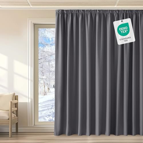 KGORGE Extra Breite Vorhänge 300 cm Breit Wohnzimmer 1er Set 240 x 300 cm(HxB) Grau Thermovorhang Kräuselband Verdunklungsvorhänge für Schiene Thermogardinen Blickdicht Gardinen