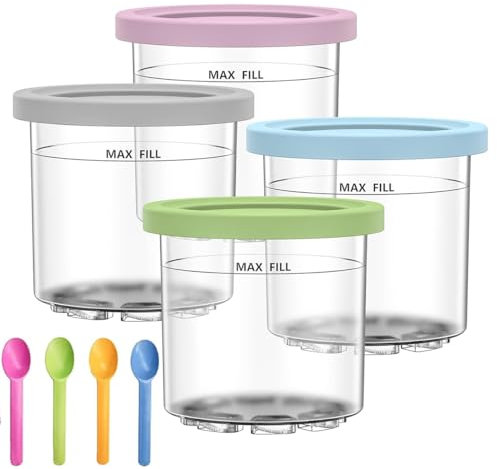 Dimoxii Paquete de 4 recipientes de helado para Ninja Creami, recipientes de helado con tapas de silicona y cucharas compatibles con la serie NC301 NC300UK NC299AMZ, recipientes reutilizables de