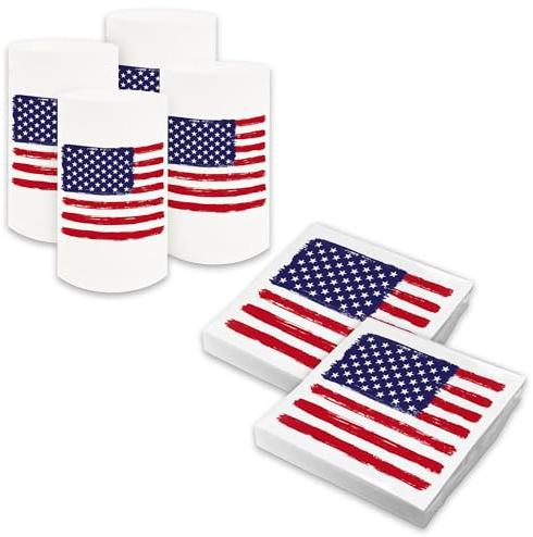 SET 40x itenga Servietten und 6x Windlicht USA 30 x 30cm 3-lagig Motivserviette Flagge USA - Vereinigte Staaten Amerika passend für amerikanische Tischdeko