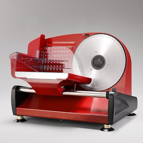 VITIWEDTY MáQuina Cortadora De Carne EléCtrica De 200 W para Uso DoméStico, Elegante DiseñO Acero Inoxidable, Hoja De 19 Cm, Ajuste Grosor 1-15 Mm, (Red)