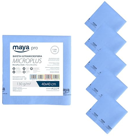 Maya - Bayetas de Microfibra para Limpieza de Vajillas/Cristales y Multisuperficies sin Dejar Rayas | 40x40 cm | Pack de 5 Paños Microplus Absorbentes para Cocina (Azul)