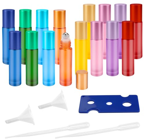 TESSTSY 16 färgglada roll-on-flaskor, tomma med ruller i rostfritt stål, 10 ml roll-on, glasflaskor för eteriska oljor med öppnare