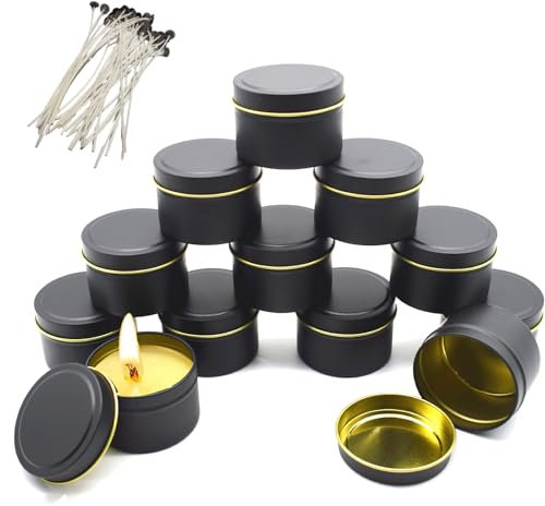 Omevett 12 Pcs Candle Jars, 4oz Candle Tins with 100 pcs Wick for DIY, Wax Storage, Arts, Crafts, Gifts (Black)