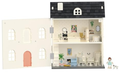 Classic World Puppenhaus aus Holz, 3-stöckig im Vintage-Stil mit Möbeln, Biegepuppe & Hund, abnehmbares Dach & Türen, Rollenspiel für Kinder ab 3 Jahren