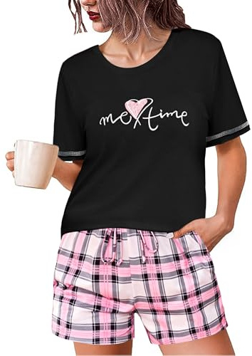 Leversic Pyjama Coton Femme Court Ete Ensemble de Pyjama Vêtement de Nuit à Manches Courtes Short à Carreaux, Noir XL