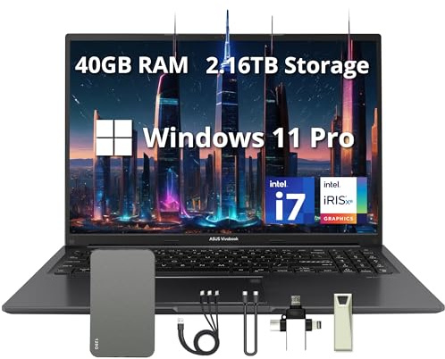 ASUS Vivobook - Computer portatile WUXGA da 16, RAM da 40 GB, memoria da 2,16 TB (SSD da 2 TB e set di docking station da 160 GB), Intel i7-1355U, scheda grafica Intel Iris Xe, Windows 11 Pro, webcam