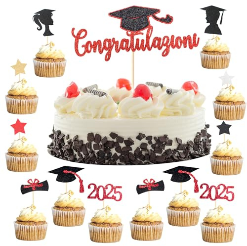 VEGCOO 33 Pezzi Toppers Laurea per Torta, Topper Torta Decorazioni Scritta Laurea Congratulazioni Rosso Cupcakes Toppers, Addobbi Gadget per Festa Laurea Graduation