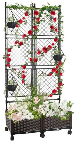 Kalolary Aiuola rialzata da 175 cm con traliccio in metallo, grande fioriera in plastica con foro di scarico su ruote Trellis, supporto per piante rampicanti, letto da giardino rialzato, per esterni