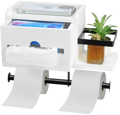 OT-NVWOZR Toilettenpapierhalter aus Holz mit Ablage, Wandmontage Toilettenpapierhalter mit Feuchttücherbox zur Aufbewahrung, moderner Taschentuchhalter Papierspender für Badezimmer Küche