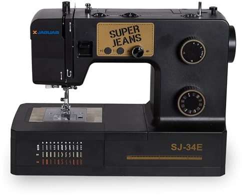 Jaguar SJ-34E Machine à Coudre Robuste Super Jeans | 34 Points | Électronique | Table d'Extension | Enfile-Aiguille Auto | Canette à Insérer | Moteur Servo | LED | Bras Libre | Pour Tissus Épais