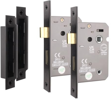 EAI Matt Black Bathroom Lock, 80mm / 3 Inch, Fire Rated, Pack of 2 | Mortice Lock for Internal Doors with 57mm Backset, 30/60 Minute Fire Tested, Adjustable Keep, Dust Box and Fixings Included