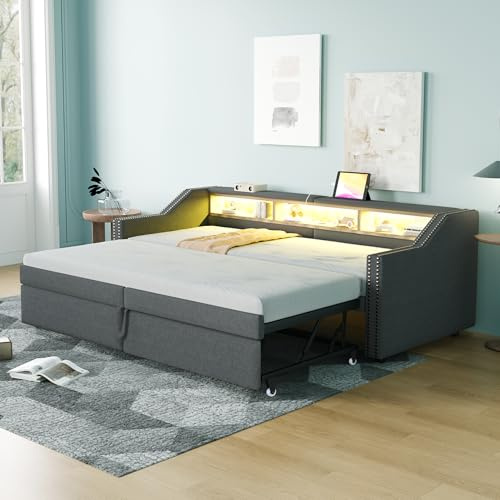 Polsterbett Ausziehbares Bett 90/180x200, Schlafsofa Bett mit LED-Beleuchtung&Ablagefächern&Ladestation, Tagesbett Funktionsbett Bettsofa Gästebett Jugendbett mit Lattenrost, Ohne Matratze,Dunkelgrau