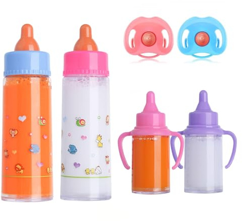 JINJUMEI Set di 6 bottiglie per bambole con capezzolo, accessori per bambole giocattolo, il Liquido Scompare, Alimentazione Simulata, Biberon Giocattolo, Adatto a Bambini dai 3 Anni in Su