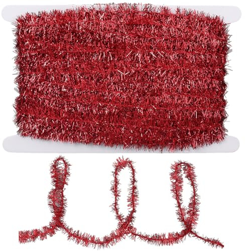 CABODYALS Guirnalda de Oropel Rojo de 22.86 m Y 15mm con Filigrana Brillante, Espumillón Colgante de Papel Metálico Brillante, Guirnaldas Navideñas Esponjosas Y Retorcidas para Fiestas, Bodas, Decorac