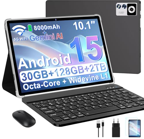 ZIOVO Android 15 Tablet 10 Zoll Gemini AI, 30GB RAM+128GB ROM(TF 1TB), 5G WLAN, Octa-Core 2.0GHz, Widevine L1, 8000mAh, BT 5.0, GPS, Face ID, Tablet mit Tastatur, Maus - Schwarz
