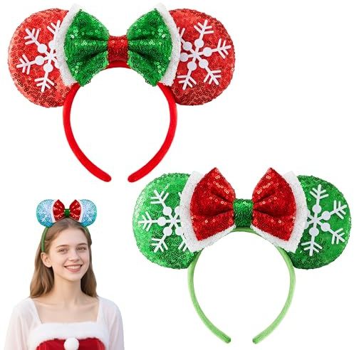 JOYIN 2 Pcs LED Christmas Mouse Ears Headbands, Lightup Red & Green Xmas Themed Ears Headwear with Glitters, Christmas Hair Accessories for Adult Women Girl Kids Party Favor Cosplay Supplies
