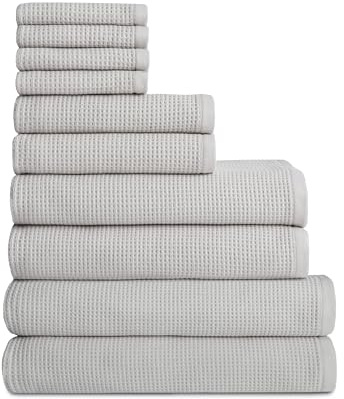 Cozy Earth Complete Waffle Bath Bundle - 60% Cotton 40% Viscose from Bamboo - Quick Dry & Ultra-Soft Waffle Weave Bath Towels - 4 Washcloths, 2 Hand Towels, 2 Bath Towels, 2 Bath Sheets, Light Grey