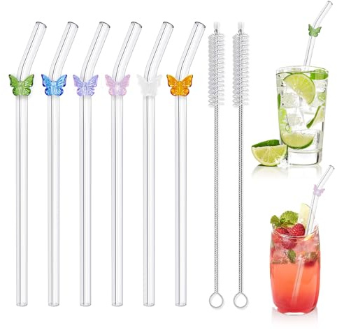 6 Stück Glasstrohhalme Lang, Strohhalme Glas Wiederverwendbar, Glasstrohhalm Gebogen, Glasstrohhalme mit Motiv, Trinkhalme Glas für Bubble Tea Säfte Cocktails Smoothie Milch Kaffee (Schmetterling)