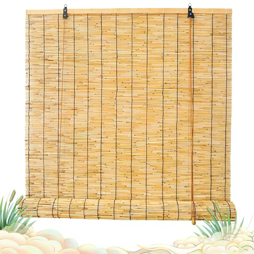 Bambusrollo Wetterfest Aussen Natur Retro Schilf Vorhang Sonnenschutz Bambus Rollos Wetterfest Jalousine Sichtschutz mit Lifter Breite 40 60 80 100 120 140 160 180cm für Außen Innen Balkon Trennwand