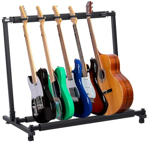 Soporte Guitarra de suelo para 5 instrumentos | Rack plegable universal para guitarra eléctrica, acústica o bajo | Estructura metálica resistente con protección de espuma y montaje sin herramientas