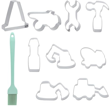 XRVRILE 9 Cortadores de Galletas para Niños de Acero Inoxidable, Moldes de Vehículos y Herramientas de Construcción con Pincel de Silicona, Cortadores para Galletas, Pan y Sándwiches, Fiestas