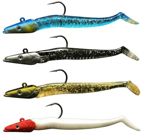 4 Sea Bass Lures, Bass Lures Sea Fishing UK, 11cm 19g for Predator Fish, Artificial 3d Eyes T Paddle Tail Swimbaits for Freshwater Saltwater Sea Bass sand eel pollock Mackerel