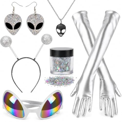 Nerien Alien Kostüm Set für Damen - 7 Stück Weltraum Alienkostüm Erwachsene, Frauen Ausserirdische Kostume mit Haarreif Alienbrille Ohrringe Handschuhe Halskette Glitzer