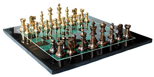 StonKraft Schachbrettspiel zum Sammeln, Schwarzer Marmor und Malachitstein + Schachfiguren aus Messing, Schachstein, Dekostein, Heimdekoration, 38,1 cm