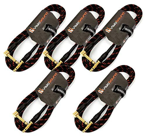 Pro Guitar Lead 6.35mm Angled Jack Braided Cable 5 Pack (Black/Red, 3m) | 5 x Premium Noiseless OFC Instrument Cable for Electric Guitar, Bass, Keyboard