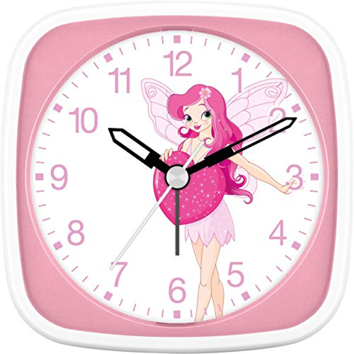Eurotime Wecker für Mädchen mit Fee und Herz, Rosa, Kinderwecker, Kunststoffgehäuse und Kunststoffglas, geräuscharmer Wecker, kein Ticken, mit Licht und Weckwiederholung, 27033-22