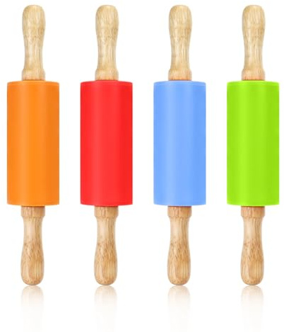 Faxco 4 Pack Mini Rolling Pin for Kids, 9 Inch Wooden Handle Rolling Pin Non-Stick Silicone Rolling Pins for Children Cake Baking