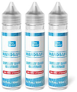 Handsafe 3 x 60ml Instant Hand Sanitiser Liquid Rub, Kills 99.9%+ Bacteria, 70% Alcohol, Medical Grade,Clear, 60 millilitre