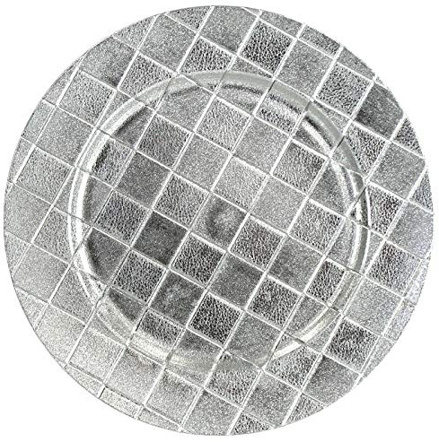 Geri Set of 6 33cm Silver Chequered Design Round Plastic Charger Plates for Elegant Dining | Decorative & Reusable Under Plates for Christmas Tableware | Ideal for Christmas Dinners & Festive Parties
