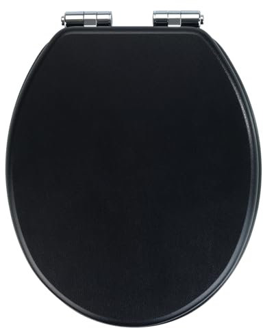 WENKO WC-Sitz Cuero Schwarz, Toilettensitz mit Absenkautomatik in Lederoptik aus feuchtigkeitsresistentem, porenfreiem MDF, Schnell-Befestigung aus rostfreiem Zinkdruckguss, 35,5 x 42,5 cm