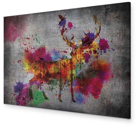 murando HandArt Bilder auf Leinwand Tier 1 tlg Leinwandbild Wandbilder Wohnzimmer Wanddekoration Moderne Kunst - Hirsch Wald Farbflecken bunt Textur g-A-0345-b-a