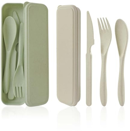 Cuayaes Reisebesteck mit Etui, Tragbare Camping Besteckset 2 Personen | Plastik Gabel Messer Löffel Besteck für Unterwegs, Schulen, Lunchboxen, Camping, Partys Und Familien (Beige + Grün)