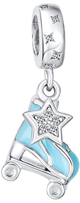Bling Jewelry Deporte Roller Rink Estrella Colgante Azul Roller Skates Abalorios Encantos Europea Pulsera Para Mujer Adolescente Esmalte .925 Plata Esterlina