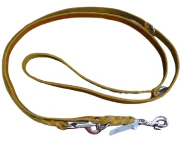 Hundeleine aus Fettleder, 3fach verstellbar, 2,70m lang mit Bolzenhaken aus Chrom, Doppelführleine, geflochten, 12mm/15mm (Cognac, 15mm)