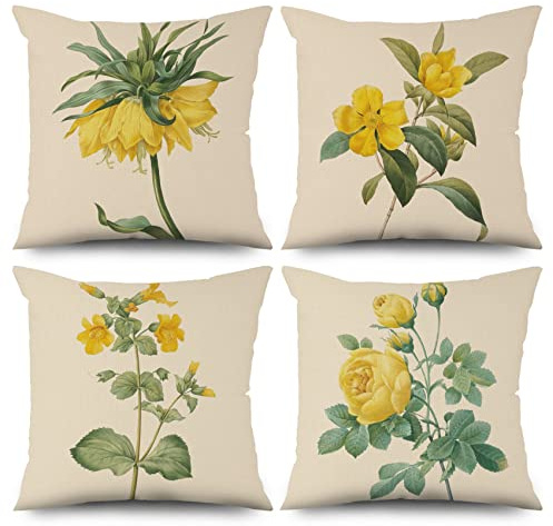 ASDCXZ Blume Kissenbezug 40x40 cm 4er Set, Frisch Gelb Blume Beige Sofa Kissen Dekokissen Kissenbezüge Kissenhülle Waschbar Polyester Flachs Textil Outdoor Polster Kopfkissenbezug Kissen Bezug