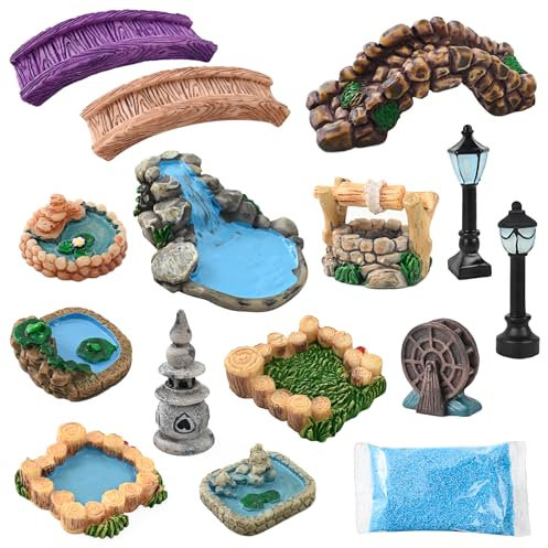HUIANER 15 piezas accesorios de jardín de hadas en miniatura figuras de puente de jardín mini faro luz de pozo de agua en miniatura estanque césped adorno de jardín para manualidades