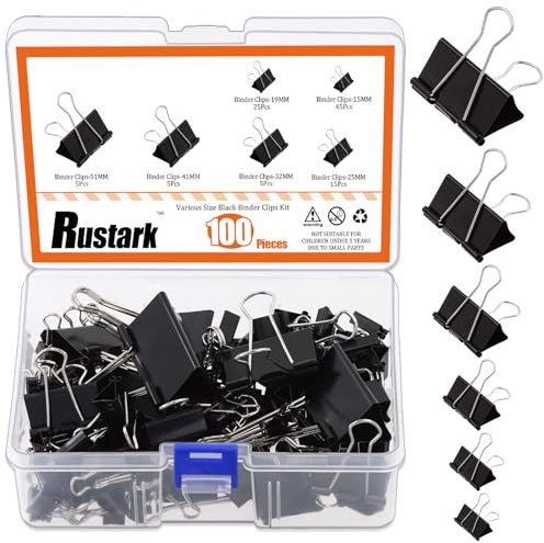 Rustark Set di 100 clip per raccoglitore, 6 dimensioni, colore nero, pieghevoli, per ufficio, riutilizzabili, per carta, quaderni, organizzazione di documenti, per scuola e ufficio