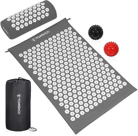 TOMSHOO Acupressure Set, Acupressure Mat and Pillow with 2pcs Massage Balls- Pain Relief Therapy Muscle Back Neck with Travel Bag for Men and Women Grey