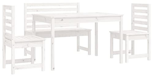 vidaXL Garten Essgruppe 4-TLG., Gartenmöbel Set Tisch Bank 2 Stühle, Sitzgruppe für Garten Balkon Terrasse, Gartengarnitur Gartenset, Weiß Massivholz Kiefer