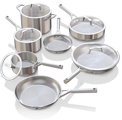 Ninja EverClad Stainless Steel Cookware 12 Piece Pots & Pans Set, All Stovetops & Induction, Oven Safe to 600°F, PFAS Free, Tri-Ply Commercial-Grade, C99012