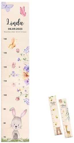 wunderwunsch® - Personalisierte Messlatte Kind Holz zum Kleben oder Aufhängen - Skala 70-140cm - Süße Dekoration für Baby- & Kleinkinderzimmer (Hase)
