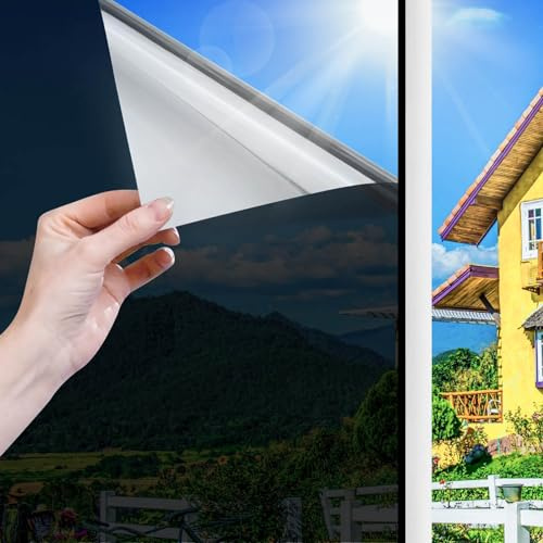 Shackcom One Way Window Film 90 x 400cm, Privacy Mirror Reflective Window Film Heat Reducing, Anti Glare, Anti UV and Sun Block, Non-Adhesive Window Tint for Home & Office (Black)