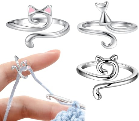 Patonde 3 Stück Häkelring, Verstellbarer Strickring Finger Katzenförm Crochet Ring, Stricken Zubehör Garn Hilfe Geschenk Für Damen Strickerinnen Und Häkelerinnen