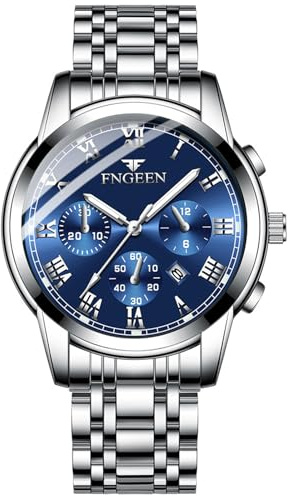 JewelryWe Herrklockor rostfritt stål lysande visare: datum kalender 30 m vattentät analog kvarts män armbandsur herrklocka med blå romerska siffror urtavla och silver rostfritt stål armband,